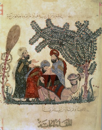 Abu Zayd, Al-Harrith, een liggende kameel en een figuur door Yahya ibn Mahmud Al Wasiti