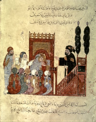 Scène in een moskee door Yahya ibn Mahmud Al Wasiti