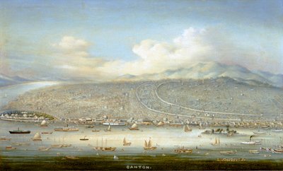 Gezicht op Kanton met Shamian Island in 1865, ca. 1880 (olieverf op paneel) door Yichang Yichang