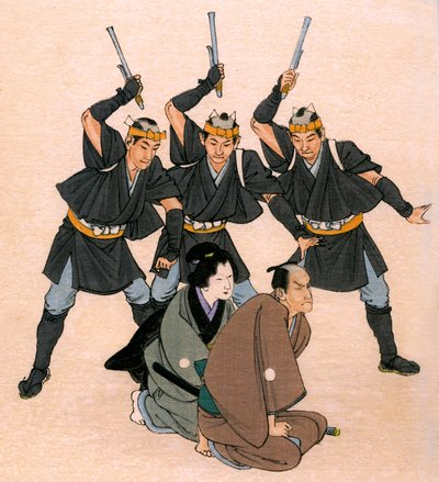 Traditioneel Japans theater: drie gewapende mannen bedreigen een mannelijke en een vrouwelijke personage door Yoshimune Arai