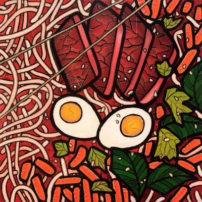 Ramen noedel rundvlees, 2022 (gemengde techniek op houtplaat) door Yue Zeng