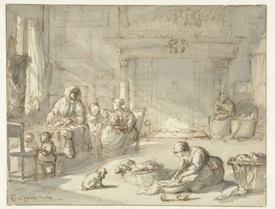 Interieur van huis met vrouwen en kinderen door Zacharias Blijhooft