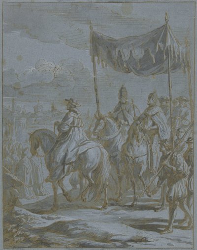 Intocht van de stoet van een keizer en paus in een stad door Zeger Jacob van Helmont
