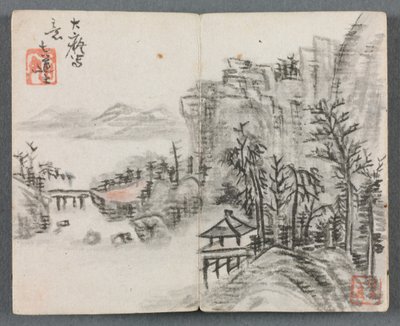 Miniatuuralbum met figuren en landschap (Kliflandschap met brug) door Zeng Yandong
