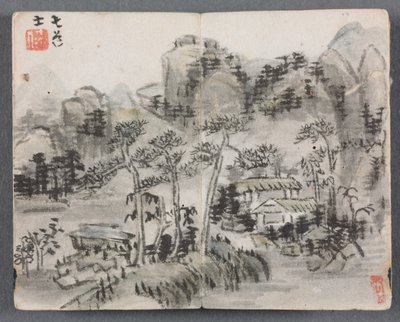 Miniatuuralbum met figuren en landschap (Landschap met twee gebouwen) door Zeng Yandong