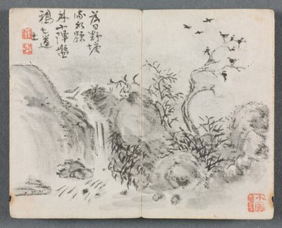 Miniatuuralbum met figuren en landschap (Watervallandschap) door Zeng Yandong
