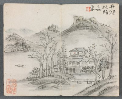 Miniatuur Album met Figuren en Landschap Landschap met Heuvel, Huis, Boot en Brug, 1822 door Zeng Yangdong