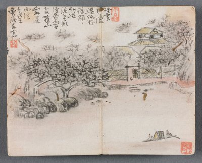 Miniatuuralbum met figuren en landschap, landschap met twee schippers, 1822 door Zeng Yangdong