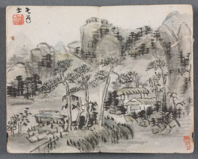 Miniatuuralbum met figuren en landschap, landschap met twee gebouwen, 1822 door Zeng Yangdong