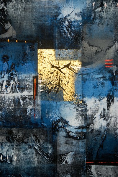 Abstracte kunst; schilderij in de kleuren goud; blauw; zwart en grijs; Ubud; Bali; Indonesië; Zuidoost-Azië; Azië door Frederick (attr. to) Barnard