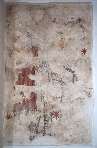Bourgondië, Lancharre, gemeente Chapaize 71460. In de kerk Notre Dame, muurschildering. Twee ridders in maliënkolder (fresco) door . .