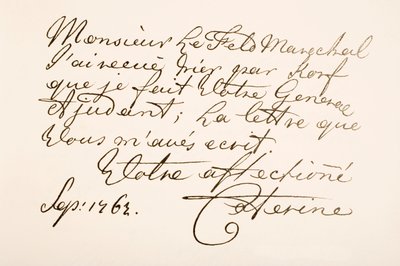 Handschriftvoorbeeld van keizerin Catharina II van Rusland, bekend als Catharina de Grote door Ferdinand Georg Waldmuller