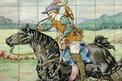 Interieur, tegelpaneel, schilder Furcy Ernest Tondeur, uitvoerder Boch Frères La Louvière, tweede paneel toont jachtscène met galopperende ruiter met jachthoorn door . .