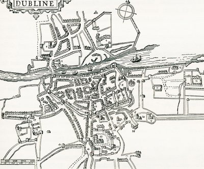 Kaart van Dublin, Ierland in 1610, uit Our Own Country gepubliceerd in 1898 door Ferdinand Georg Waldmuller