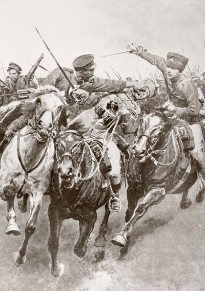 Gevecht te paard tussen Russische kozakken en Duitse cavalerie bekend als de Hussaren van de Dood in Schwansfeld, tussen Korschen en Bartenstein, Oost-Pruisen, augustus 1914 tijdens de Eerste Wereldoorlog, uit La Esfera door Ferdinand Georg Waldmuller