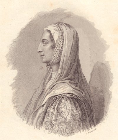 Portret van Italiaanse edelvrouw Beatrice Lascaris di Tenda (1372-1418), kopergravure door G Fusinati naar portret gepubliceerd door Antonio Campo door William Walcutt