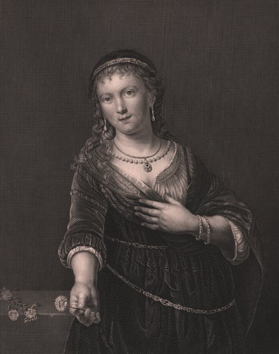 Portret van Saskia van Uylenburgh, vrouw van Rembrandt, gravure door Daniel John Pound naar schilderij van Rembrandt, uit Payne