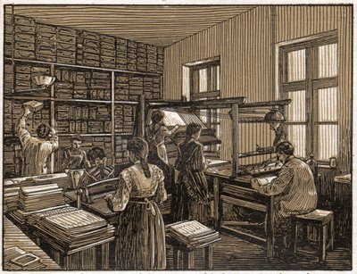 Drukkerij in Boedapest, Hongarije: faconneren en voorbereiden van boeken. Vrouwenwerk. ca. 1910 (Illustratie) door . .