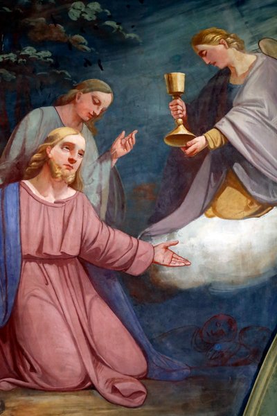 Rumilly kerk. Muurschildering. Jezus die bidt in de tuin van Getsemane na het Laatste Avondmaal. Frankrijk. door . .