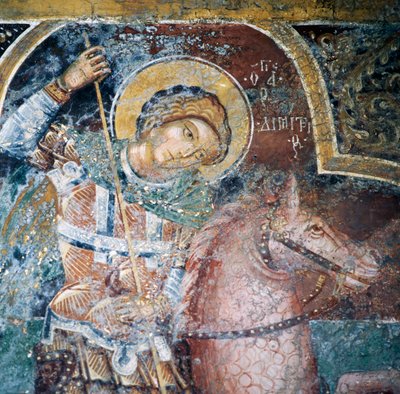 Heilige te paard, fresco in kerk van Thari klooster, Rhodos eiland, Griekenland door Georg Carl Heinrich Dollmann
