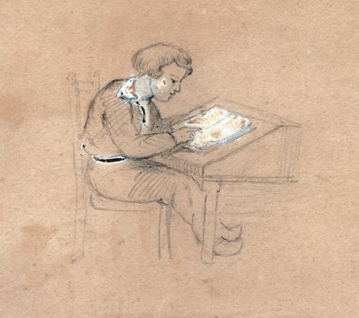Schooljongen aan het werk aan zijn bureau, ca. 1830 door . .