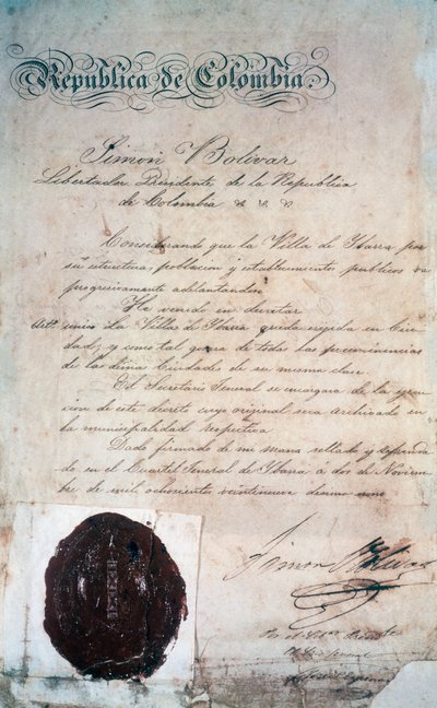 De daad waarmee Simon Bolivar de stad San Miguel de Ibarra tot hoofdstad van de omliggende provincie verklaarde, destijds onderdeel van Groot-Colombia (nu Ecuador), 2 november door Georg Carl Heinrich Dollmann