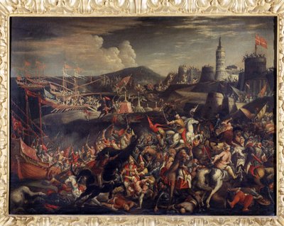 Aanval van de Saracenen op het eiland Malta, verdedigd door de Hospitaalridders in 1565 door Italian School