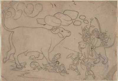 Durga Confronteert de Buffeldemon Mahisha: Scène uit de Devi Mahatmya door a first generation master after Nainsukh