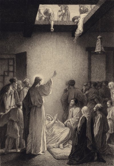 Christus geneest de man met verlamming door after Albert Robida