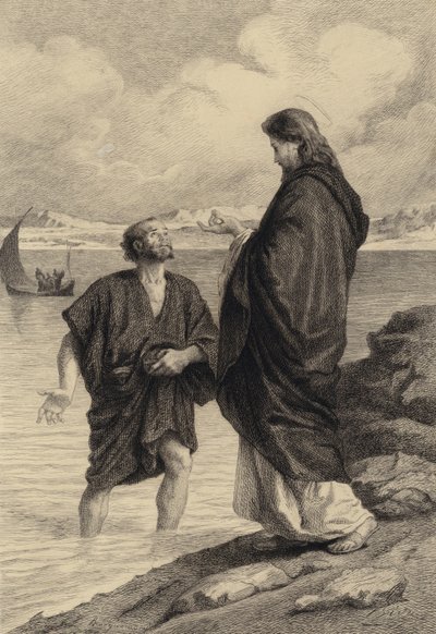 Jezus en Sint Petrus door after Albert Robida