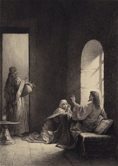 Jezus in het huis van Martha en Maria door after Albert Robida
