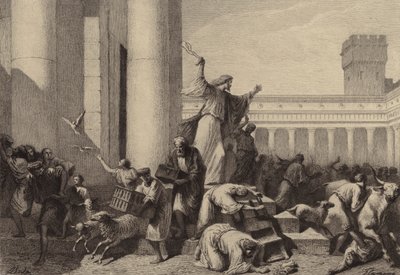 Jezus verdrijft de geldwisselaars uit de tempel door after Albert Robida