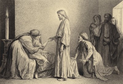 Jezus wekt een jong kind op uit de dood door after Albert Robida