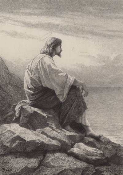 Jezus zittend aan de zee door after Albert Robida