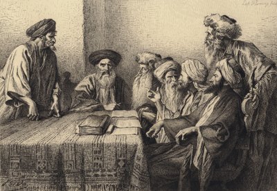 Judas voor het Sanhedrin door after Albert Robida