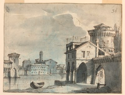 Toneelontwerp, Gebouwen aan de Rivieroever door after Alessandro Sanquirico