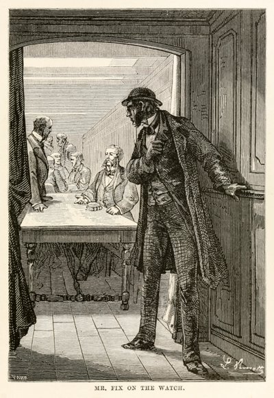 Mr. Fix op wacht, uit De Reis om de Wereld in Tachtig Dagen door Jules Verne (1828-1905), gegraveerd door Louis Dumont (b.1822), 1873 door after Alphonse Marie de Neuville