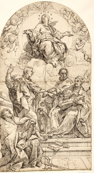 De onbevlekte ontvangenis met de heiligen Johannes de Evangelist, Gregorius de Grote, Johannes Chrysostomus en Augustinus door after Carlo Maratti