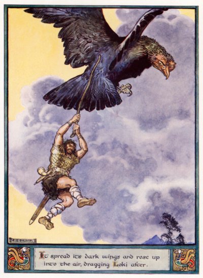 Het spreidde zijn donkere vleugels en steeg op in de lucht, Loki meeslepend door after Charles Edmund Brock