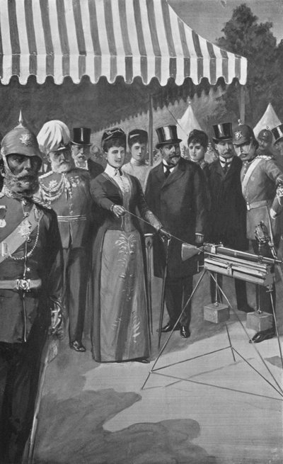 De Prinses van Wales vuurt het eerste schot af in Bisley, 12 juli 1890 door after Charles Mills Sheldon
