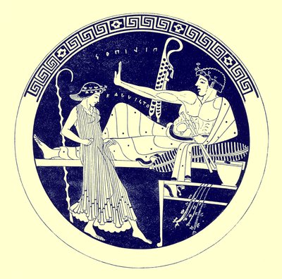 Dansend meisje en feestende jongeman, illustratie uit Griekse Vaas Schilderijen door J. E. Harrison en D. S. MacColl, gepubliceerd 1894 door after English School