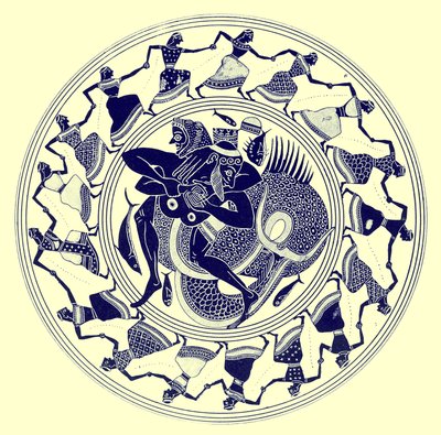Herakles worstelt met Triton, illustratie uit Griekse Vaas Schilderijen door J. E. Harrison en D. S. MacColl, gepubliceerd 1894 door after English School