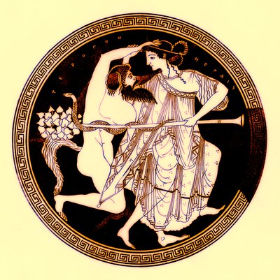 Satyr en Maenade, illustratie uit Griekse Vaas Schilderijen door J. E. Harrison en D. S. MacColl, gepubliceerd 1894 door after English School