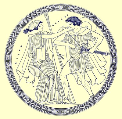 Theseus en Aethra, illustratie uit Griekse Vaas Schilderijen door J. E. Harrison en D. S. MacColl, gepubliceerd 1894 door after English School