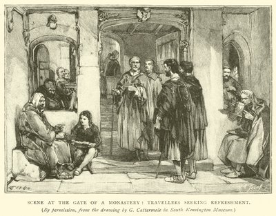 Scène bij de poort van een klooster, reizigers zoeken verfrissing door after George Cattermole