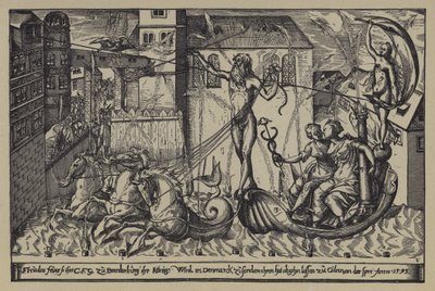 Vuurwerk bij het kasteel van de Markgraaf van Brandenburg in Colln aan de rivier de Spree ter gelegenheid van het bezoek van Koning Christiaan IV van Denemarken, 10 oktober 1595 door after German School
