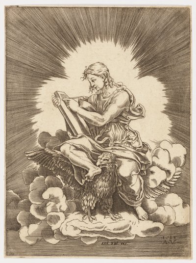 Sint Jan, schrijvend, zittend op een adelaar door after Giulio Romano