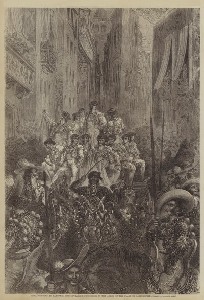 Stierengevecht in Bayonne, de cavalcade naar de arena op de Place de Saint-Esprit door Gustave after Dore