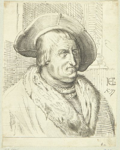 Fantasieportret van oude man met hoed door after Hendrick Goltzius
