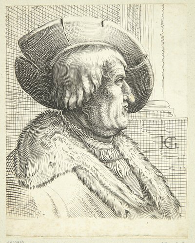 Fantasieportret van oude man met hoed in profiel door after Hendrick Goltzius